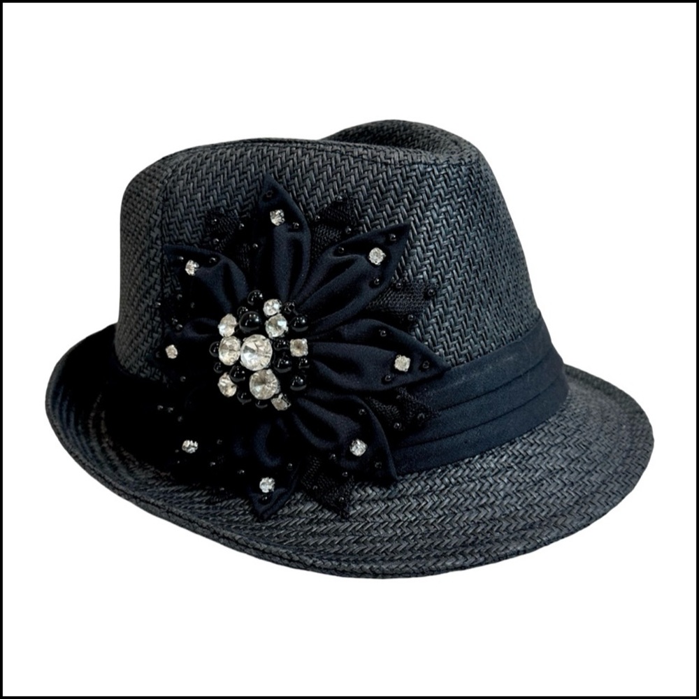 Stylish Retro Black Fedora With Crystal Pearl Flower Applicate